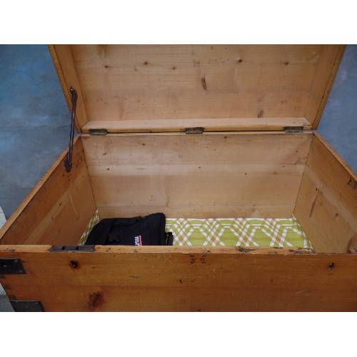 106 - A LARGE PINE METAL BOUND SEA CHEST WITH UNUSUAL SLOPING LID SECTION -93CM CX 56CM X 56CM