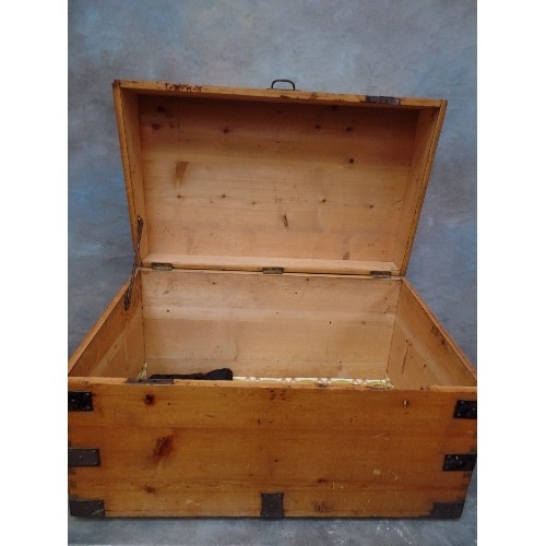 106 - A LARGE PINE METAL BOUND SEA CHEST WITH UNUSUAL SLOPING LID SECTION -93CM CX 56CM X 56CM