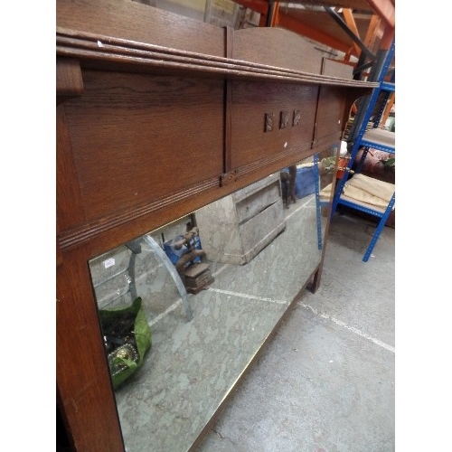 111 - VERY LARGE OAK FRAMED MIRROR WITH SHELF ABOVE AND WITH ARTS & CRAFTS DETAIL. 189CM X 152CM