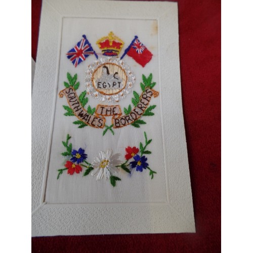 137 - THREE WW1 PERIOD EMBROIDERED SILK POSTCARDS INCLUDING ONE WITH REGIMENTAL CREST 