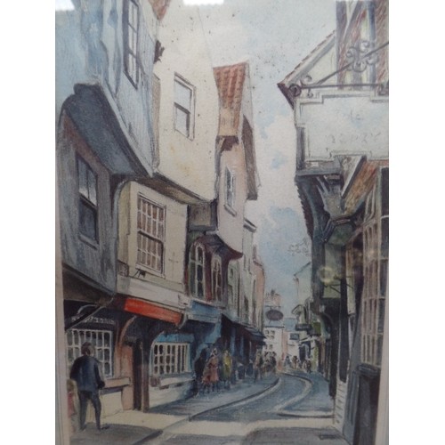 159 - MID 20TH CENTURY WATERCOLOUR OF THE SHAMBLES, YORK, SIGNED T H C WARD. IMAGE SIZE 16CM X 22CM