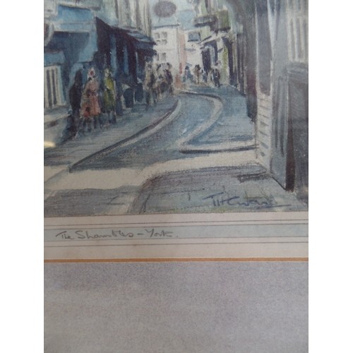 159 - MID 20TH CENTURY WATERCOLOUR OF THE SHAMBLES, YORK, SIGNED T H C WARD. IMAGE SIZE 16CM X 22CM