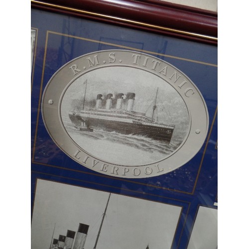 168 - A LARGE FRAMED MONTAGE PICTURE ON THE R.M.S TITANIC THEME, WITH PHOTOGRAPHS AND A HISTORY OF EVENTS ... 