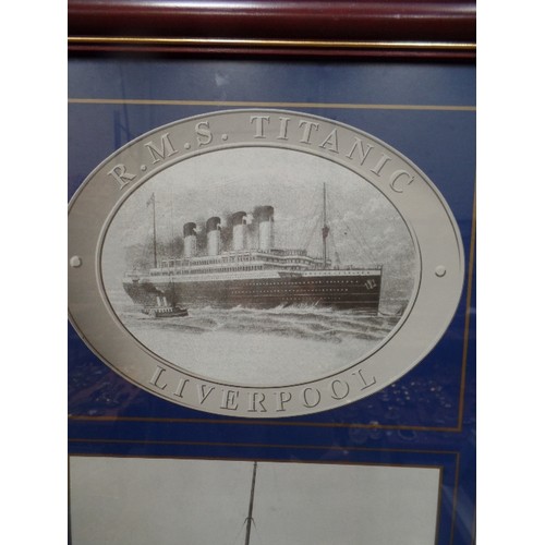 168 - A LARGE FRAMED MONTAGE PICTURE ON THE R.M.S TITANIC THEME, WITH PHOTOGRAPHS AND A HISTORY OF EVENTS ... 