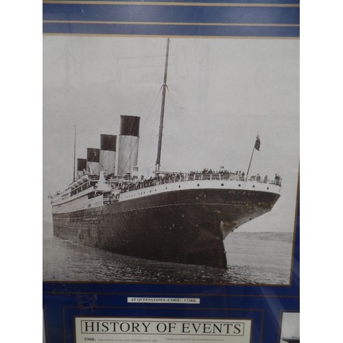 168 - A LARGE FRAMED MONTAGE PICTURE ON THE R.M.S TITANIC THEME, WITH PHOTOGRAPHS AND A HISTORY OF EVENTS ... 