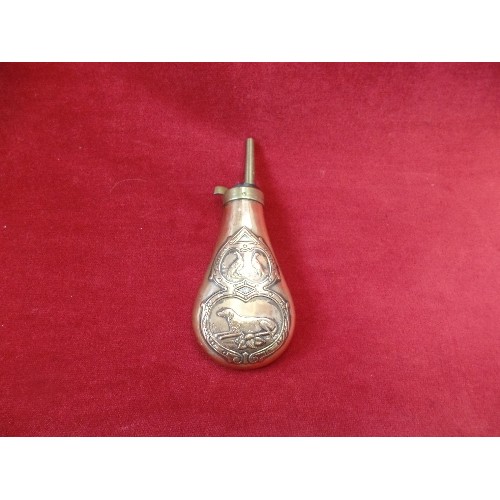 172 - COPPER AND BRASS POWDER FLASK WITH EMBOSSED DESIGN OF BIRDS AND DOGS