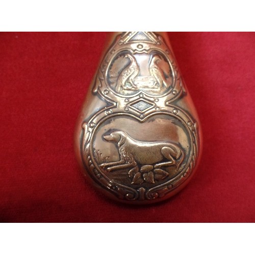 172 - COPPER AND BRASS POWDER FLASK WITH EMBOSSED DESIGN OF BIRDS AND DOGS