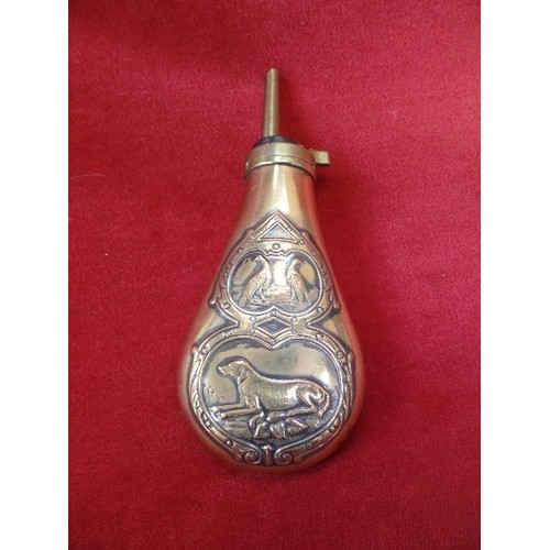 172 - COPPER AND BRASS POWDER FLASK WITH EMBOSSED DESIGN OF BIRDS AND DOGS