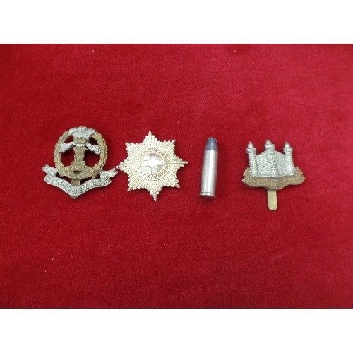 179 - MILITARIA LOT INCLUDING SHELL AND CARTRIDGE CASINGS, CAMBRIDGESHIRE REGIMENT CAP BADGE, MIDDLESEX RE... 