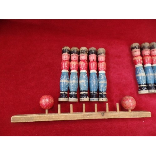 233 - 9 VINTAGE WOODEN SOLDIER SKITTLES WITH BALLS AND STAND