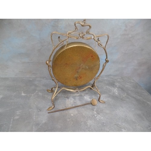 220 - EDWARDIAN DINNER GONG IN AN ORNATE ART NOUVEAU STYLE FRAME - WITH ORIGINAL STRIKER - 45CM H