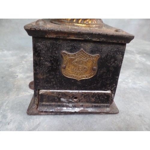 219 - AN ORIGINAL 19TH CENTURY COFFEE GRINDER BY J & J SIDDONS LTD, WARRANTED. ENAMEL LINING TO THE PULL O... 