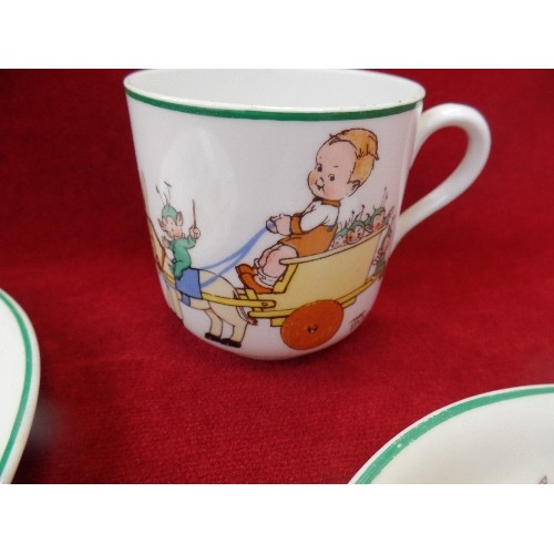 210 - A SHELLEY MABEL LUCIE ATTWELL CHILD'S CUP SAUCER AND PLATE - HAIRLINE CRACK TO CUP