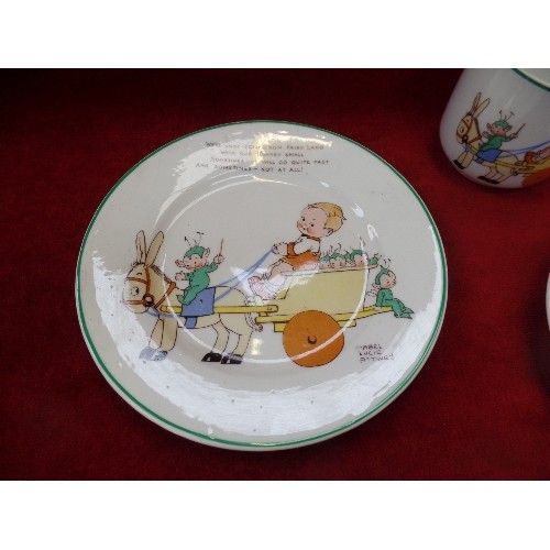 210 - A SHELLEY MABEL LUCIE ATTWELL CHILD'S CUP SAUCER AND PLATE - HAIRLINE CRACK TO CUP