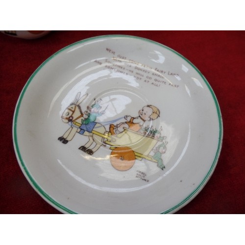 210 - A SHELLEY MABEL LUCIE ATTWELL CHILD'S CUP SAUCER AND PLATE - HAIRLINE CRACK TO CUP