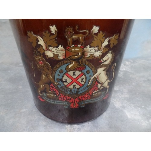 207 - VINTAGE BROWN GLASS DEMIJOHN WITH A COAT OF ARMS - LION AND UNICORN STANDING ON BARRELS