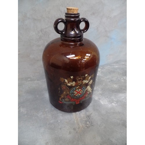 207 - VINTAGE BROWN GLASS DEMIJOHN WITH A COAT OF ARMS - LION AND UNICORN STANDING ON BARRELS