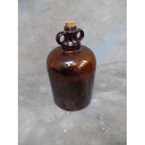 207 - VINTAGE BROWN GLASS DEMIJOHN WITH A COAT OF ARMS - LION AND UNICORN STANDING ON BARRELS