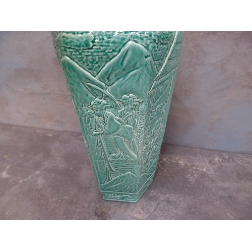 196 - A LARGE VICTORIAN BRETBY POTTERY VASE, JAPANESE DESIGN IN UNUSUAL CELADON COLOUR MODEL No 2270, REGI... 