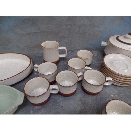 195 - LARGE QUANTITY OF DENBY DINNER AND TEA WARES - OATMEAL, BROWN & PALE GREEN