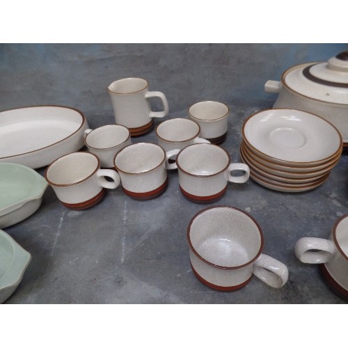 195 - LARGE QUANTITY OF DENBY DINNER AND TEA WARES - OATMEAL, BROWN & PALE GREEN