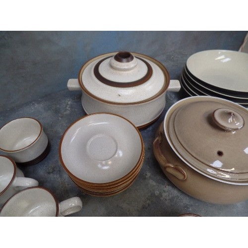 195 - LARGE QUANTITY OF DENBY DINNER AND TEA WARES - OATMEAL, BROWN & PALE GREEN