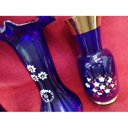 192 - THREE COBALT BLUE GLASS VASES WITH ENAMELLED FLOWER PATTERN