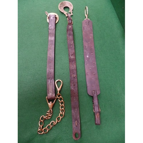 301 - THREE 19TH CENTURY HARNESS STRAPS WITH STUDS - HEARTS / MOONS / DIAMONDS / SHIELDS, ONE WITH CHAIN