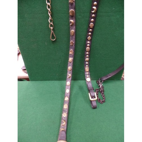 302 - THREE 19TH CENTURY HARNESS STRAPS WITH STUDS - HEARTS / MOONS / DIAMONDS / SHIELDS/ STARS. ALL WITH ... 