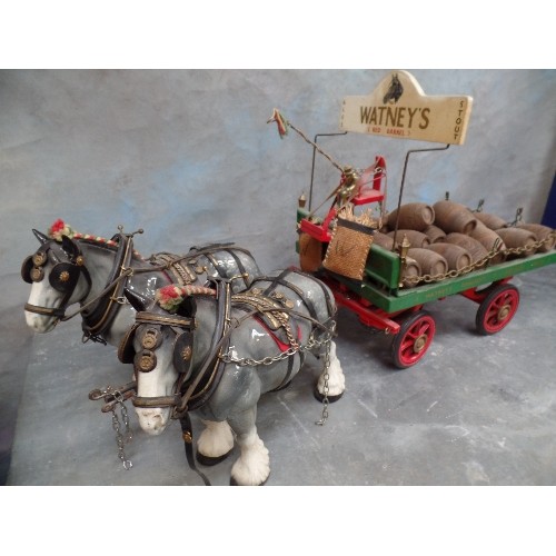 313 - A RARE AND LARGE MODEL DRAY AND HORSES -  PUB ADVERTISING WATNEY'S RED BARREL BREWERY, WITH 23 TURNE... 