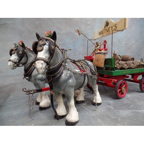 313 - A RARE AND LARGE MODEL DRAY AND HORSES -  PUB ADVERTISING WATNEY'S RED BARREL BREWERY, WITH 23 TURNE... 