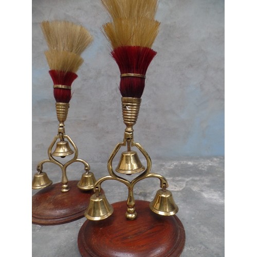 315 - A GOOD PAIR OF FLY HEAD TERRETS - TRIPLE BELLS WITH PLUMES, CIRCA 1880 / 90, MOUNTED ON LATER OAK ST... 