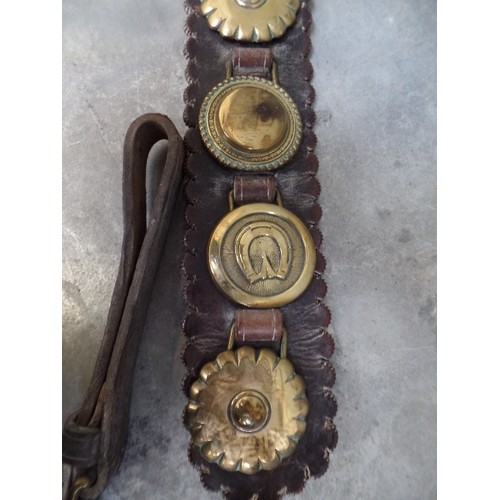 330 - A LOVELY MID 19TH CENTURY BROWN LEATHER MARTINGALE WITH 6 EARLY CAST BRASSES WITH ATTACHED HANGERS -... 