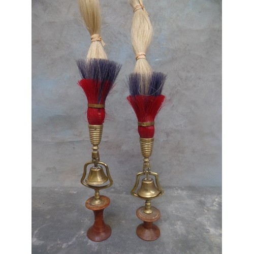 334 - PAIR OF ANTIQUE SINGLE BELL TERRETS WITH RED WHITE & BLUE PLUMES MOUNTED ON TURNED 