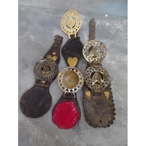 347 - FOUR ORIGINAL VICTORIAN FACE PIECE & HARNESS STUDDED STRAPS WITH STAMPED BRASSES INCLUDING HEARTS AN... 