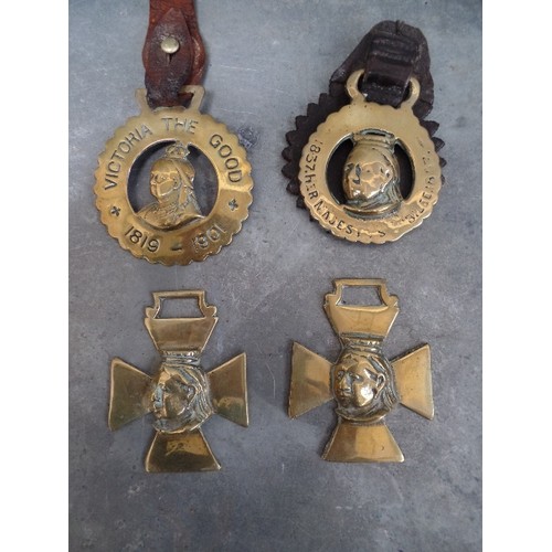 353 - QUEEN VICTORIA COLLECTION COMPRISING FOUR GOLDEN JUBILEE 1887 HORSE BRASSES ON A MARTINGALE TOGETHER... 