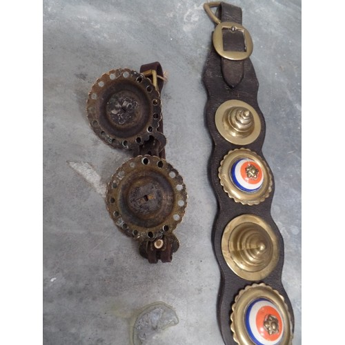 381 - TWO VICTORIAN POT CENTRED BRASSES ON STRAP, RED WHITE AND BLUE IN GOOD ORIGINAL CONDITION AND A FURT... 