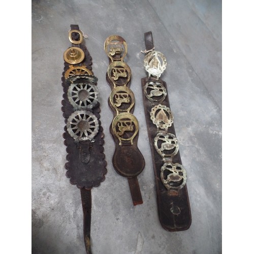 382 - THREE GOOD SADDLER MADE MARTINGALES - STITCHED BACKS & WITH ORIGINAL BRASSES. LATE 19TH / EARLY 20TH... 