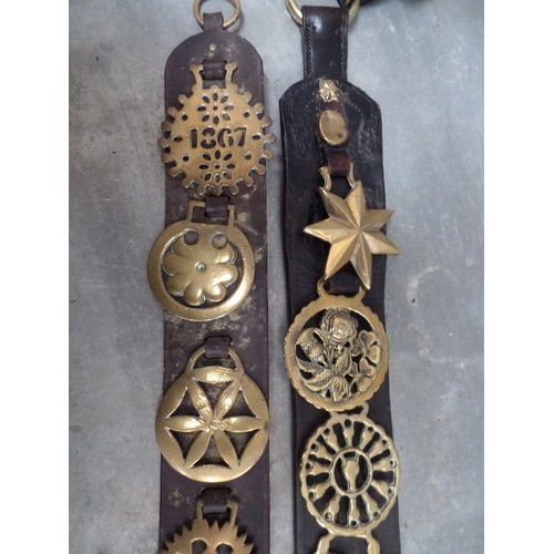 383 - VINTAGE LEATHER DISPLAY STRAP WITH 10 GOOD VICTORIAN BRASSES - CAST AND STAMPED. INCLUDES 1867 BRASS... 