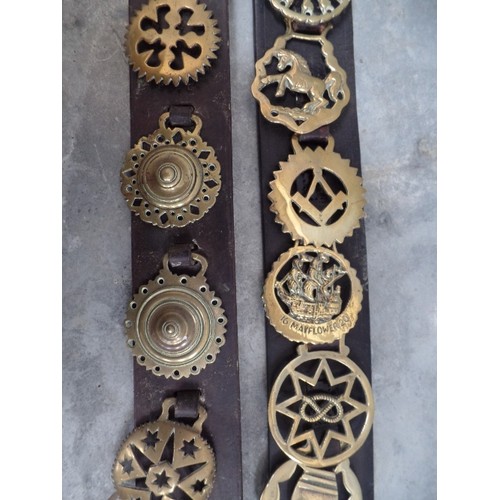 383 - VINTAGE LEATHER DISPLAY STRAP WITH 10 GOOD VICTORIAN BRASSES - CAST AND STAMPED. INCLUDES 1867 BRASS... 