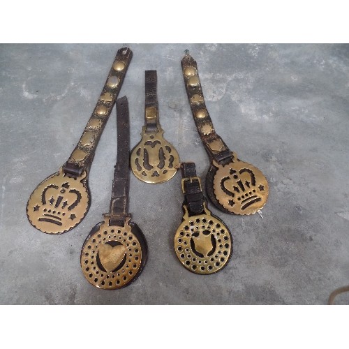 389 - NICE PAIR OF ORIGINAL FACE PIECE STUDDED STRAPS WITH  QUEEN VICTORIA CROWN STAMPED HORSE BRASSES. (O... 