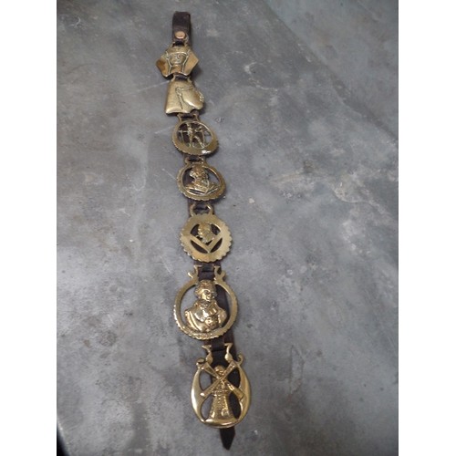 393 - AN ANTIQUE LEATHER STRAP WITH SOME UNUSUAL HORSE BRASSES 19TH & 20TH CENTURIES. INCLUDING WILLIAM GL... 