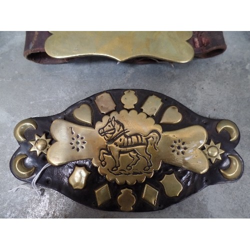 395 - A RARE VICTORIAN HAMEPLATE INCISED WITH A HORSE ON ORIGINAL LEATHER STRAP DECORATED WITH STUDS. ALSO... 