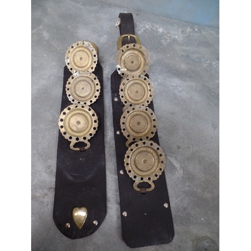 396 - TWO MID 20TH CENTURY LEATHER STRAPS WITH SEVEN POT CENTRED HORSE BRASSES. (ONE CENTRE DETACHED)