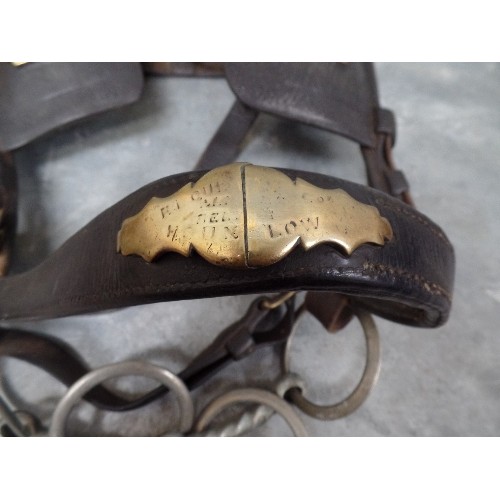 398 - GOOD ANTIQUE HEAVY HORSE BRIDLE, THE BLINKERS WITH  BRASS STUDS 