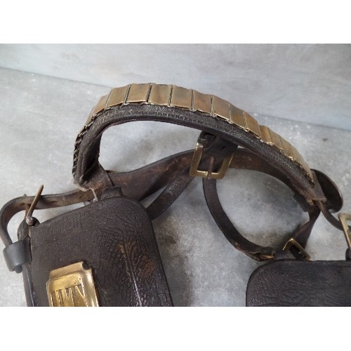 398 - GOOD ANTIQUE HEAVY HORSE BRIDLE, THE BLINKERS WITH  BRASS STUDS 