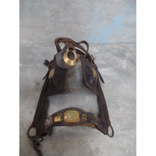 402 - VICTORIAN WORKING HORSE BRIDLE, THE FACE PIECE CRESCENT BRASS FAINTLY ENGRAVED 