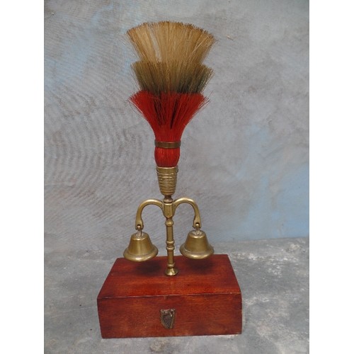 440 - A DOUBLE WORKING BELL FLY HEAD TERRET WITH RED WHITE & BLUE PLUME ON A MAHOGANY WOOD BLOCK WITH IRIS... 