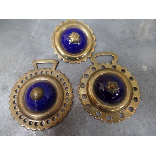 443 - TWO ANTIQUE COBALT BLUE POT CENTRED HORSE BRASSES AND A COBALT BLUE POT BRIDLE ROSETTE