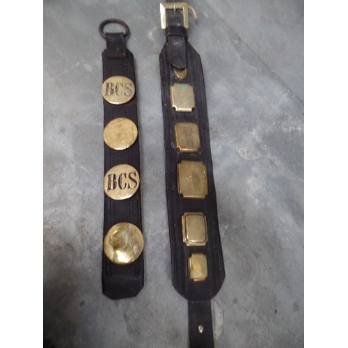 446 - TWO ANTIQUE STRAPS WITH SQUARE AND ROUND LARGE STUDS, TWO WITH INITIALS 